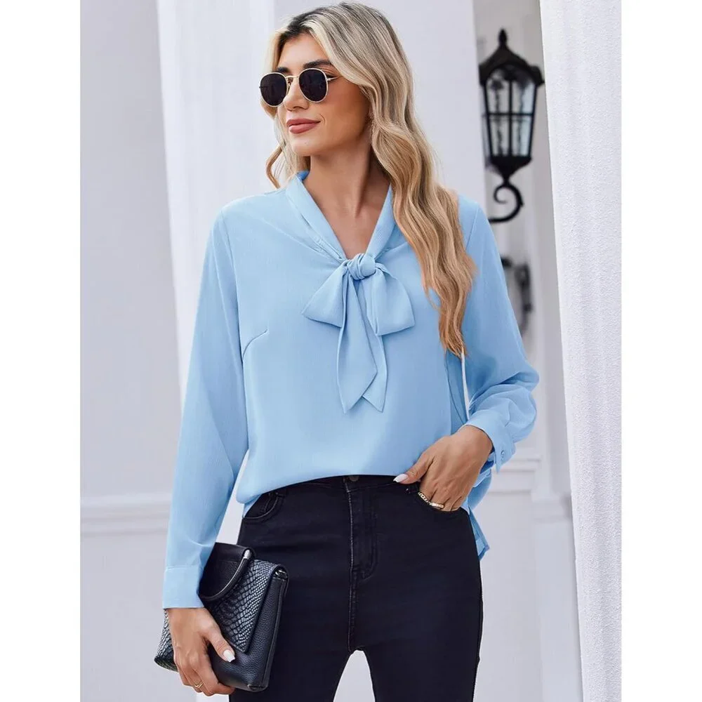 Women's Chiffon Blouse Long Sleeve V-Neck Bow Tie Casual Office Top